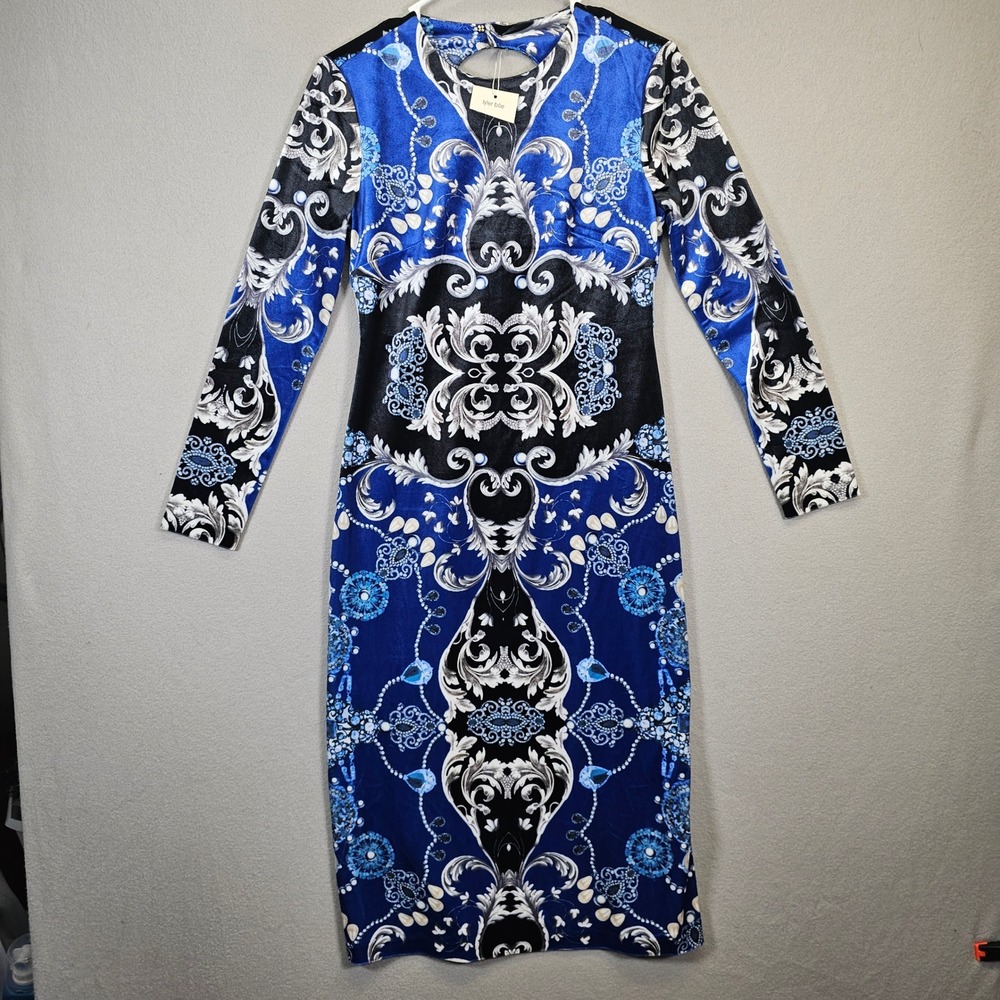 Tyler Boe Dana Women's XS Sheath Dress Blue Black White Baroque Long Sleeve